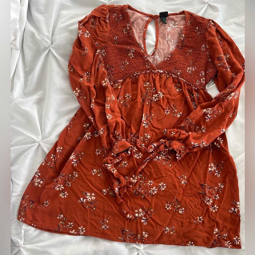 Wild Fable Rust Floral Long Tie Sleeve Dress with V Neck